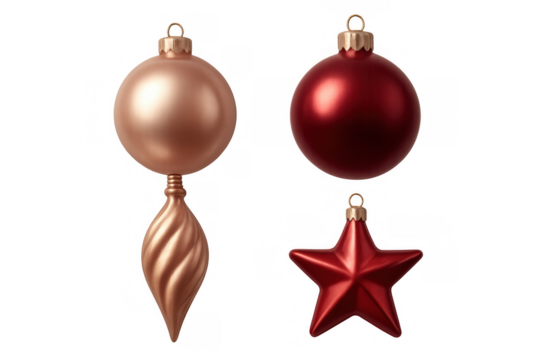 Three festive christmas ornaments isolated on a clear transparent background, bringing holiday cheer and seasonal decor