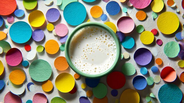 A milk glass surrounded by colorful paper cutouts, playful abstract design