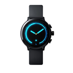 Modern smartwatch displays time with a sleek blue interface on transparent background