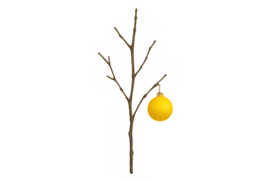 Minimalist bare tree branch during winter holiday season, hanging a single yellow christmas ornament, transparent background