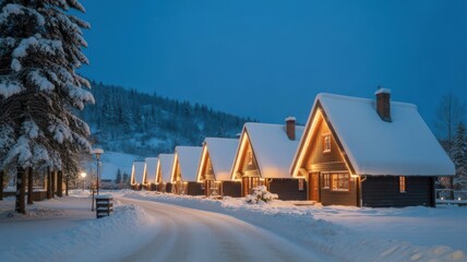 Cozy illuminated cabins in a snowy winter village at dusk