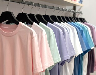 Obraz premium Close-up of colorful t-shirts hanging on a rack, arranged neatly