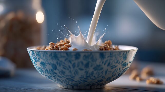 Close up shot of a milk poured into cereal bowl, motion capture