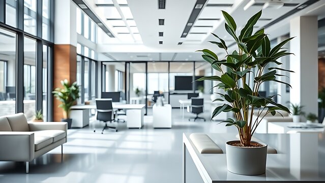 Modern office interior with clean furniture and a potted plant in natural ambient light. - Powered by Adobe