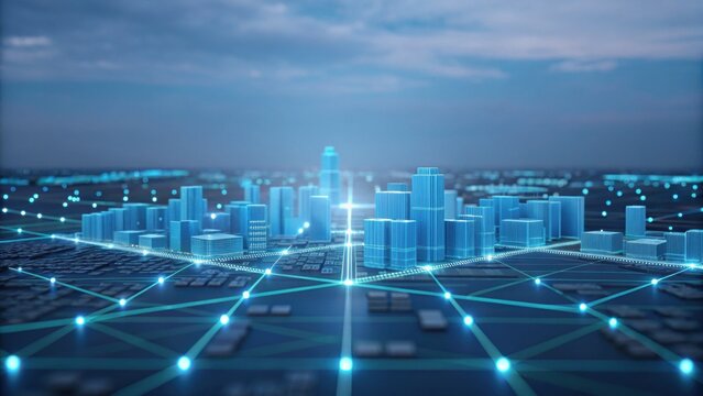 A futuristic cityscape featuring illuminated buildings and digital connectivity lines, showcasing an advanced urban environment.