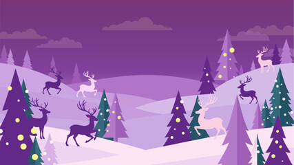 A winter landscape scene with reindeer among snow-covered hills and decorated Christmas trees, set against a purple sky. © Kyle