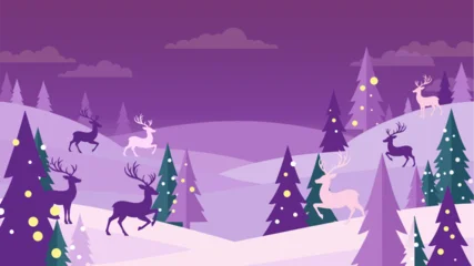 Fototapete Rund Warmes Lila A winter landscape scene with reindeer among snow-covered hills and decorated Christmas trees, set against a purple sky.  © Kyle