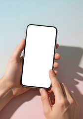 Hands Holding Smartphone with Blank Screen Against Pastel Background