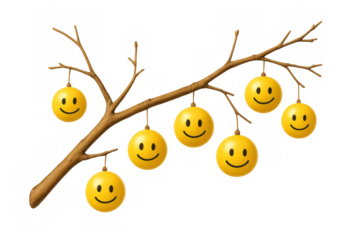 Emoticon smileys growing on a bare tree branch representing happiness, optimism, and positive social media emotions