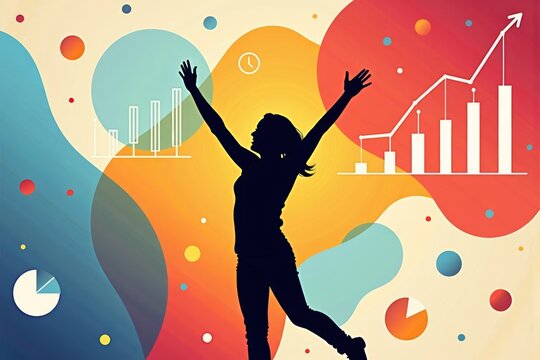 Dancing silhouette in front of vibrant abstract backdrop with data visualizations integrated