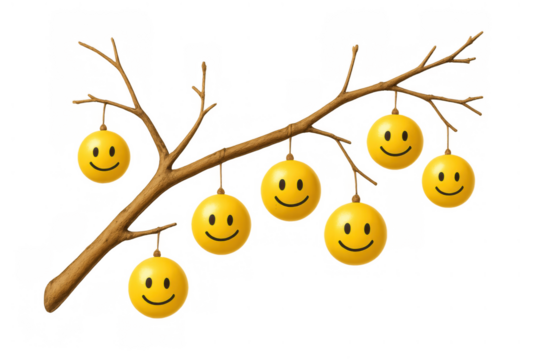 Emoticon smileys growing on a bare tree branch representing happiness, optimism, and positive social media emotions - Powered by Adobe