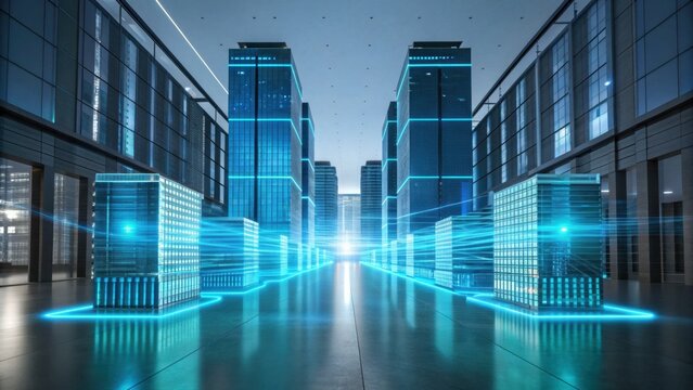 A futuristic cityscape featuring illuminated skyscrapers and glowing data servers, emphasizing technology and innovation in an urban setting.