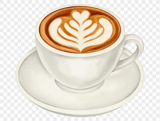 Watercolor latte coffee cup with heart foam art for autumn season. Vector.