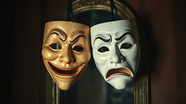 oriflamme. Comedy and tragedy masks hanging before a vintage dressing room mirror in a dim backstage setting. event programs.