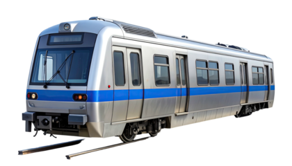 Gleaming silver subway car with blue stripe on a dark background