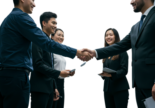 Dynamic handshake seals business deal with smiling team