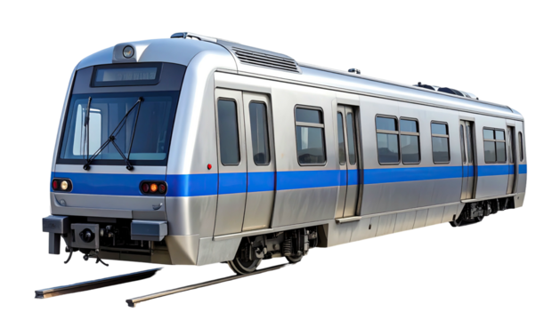 Gleaming silver subway car with blue stripe on a dark background