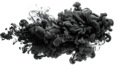 Gray smoke billows, twisting and expanding against black ground