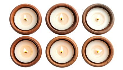 Six small, round, lit candles in earthy, ceramic holders