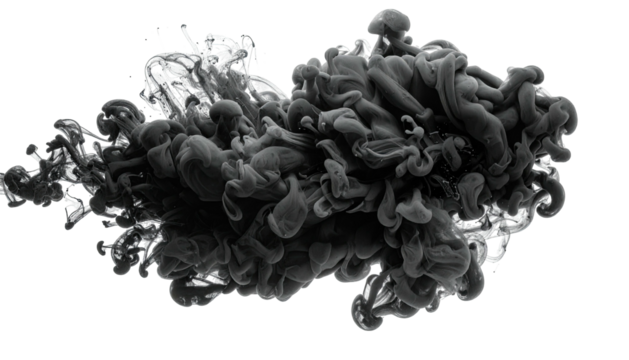 Gray smoke billows, twisting and expanding against black ground