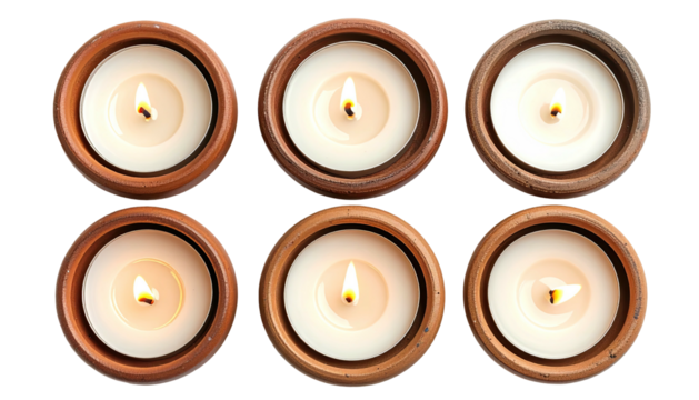 Six small, round, lit candles in earthy, ceramic holders