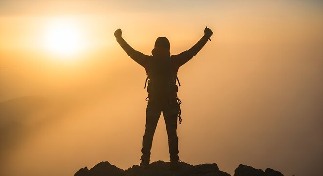 Silhouette of an Adventurous Hiker Celebrating Success on Mountain Peak at Sunset