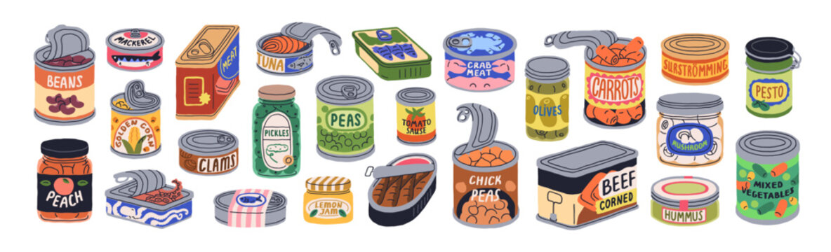 Canned food, preserved goods in metal tin containers, jars, storage packages. Eating, snacks in cans set. Conserved beans, fish, meat, vegetables. Flat vector illustration isolated on white background