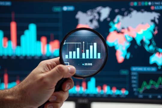 Close-up of hand holding magnifying glass, zooming in on specific data point amidst colorful graphs and charts on computer screen.