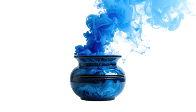 Blue smoke billows from a dark vase against a black background