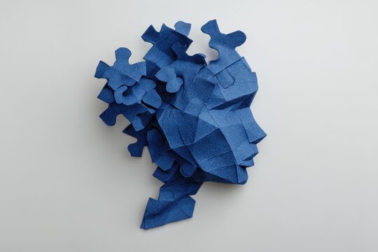 Elegant origami silhouette of a woman's head created from folded blue paper art showcasing intricate puzzle piece details