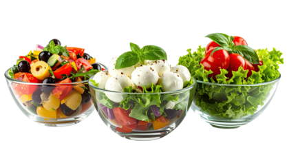Three clear bowls filled with colorful, healthy salad