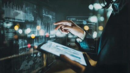 Person using digital tablet analyzing futuristic charts, modern business technology concept of innovation and strategy - Powered by Adobe