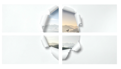 Torn paper reveals misty mountainscapes in a split-frame collage