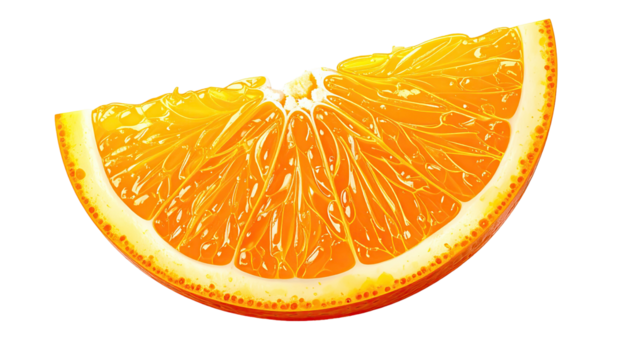 Juicy orange slice detailed texture against a dark background