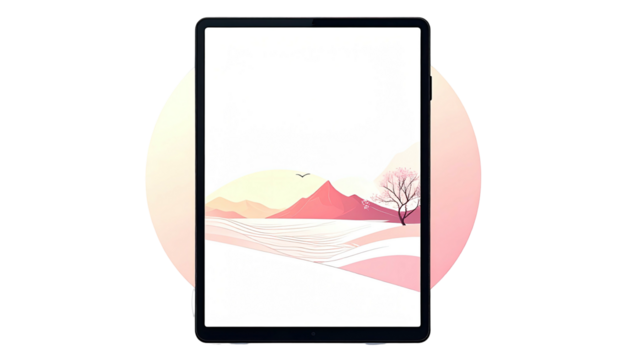 Tablet displays stylized mountain landscape, soft color palette