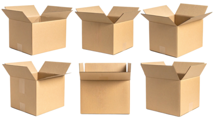 Six open brown cardboard boxes aligned in rows against black