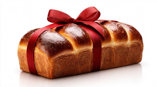 A loaf gift presentation, elegant ribbon, white background