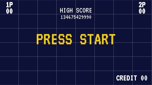  Pixelated Press Start insertna a coin to continue text,Vintage game UI, Animated start message, Pixelated Press Start text, video, pixel art, retro, 8-bit.4k video