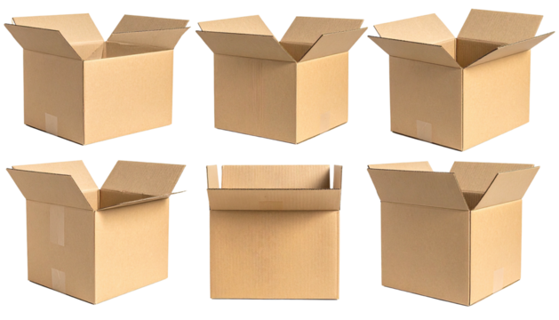 Six open brown cardboard boxes aligned in rows against black