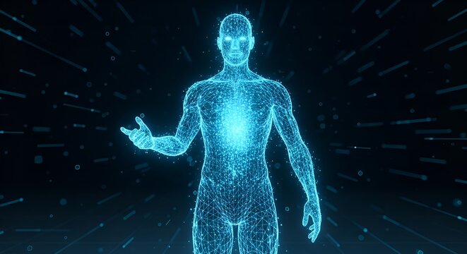 Abstract Wireframe Human Body with Glowing Elements Technology and Science