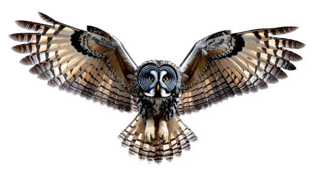Owl soars with wings fully extended, focused eyes looking forward