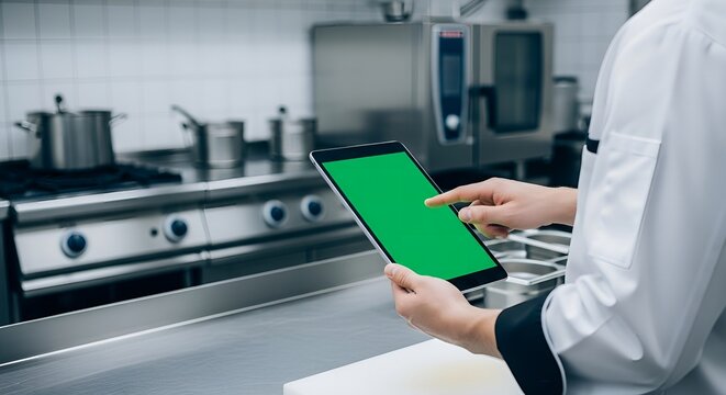 Modern Chef Using Digital Tablet with Green Screen in Restaurant Kitchen