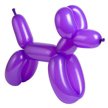 Whimsical Balloon Creation: A vibrant purple balloon animal crafted into the delightful shape of a dog, poised with playful charm, offers a burst of color and a touch of artistic flair.