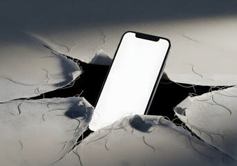 Modern mobile phone display breaks through dark, cracked surface, symbolizing digital innovation and progress