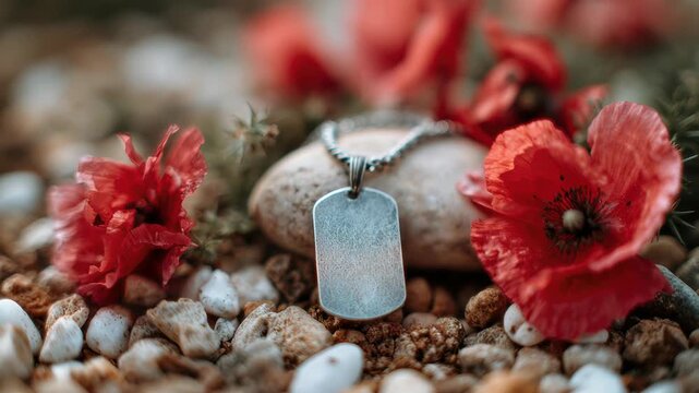 A silver dog tag necklace rests on a smooth stone surrounded by vibrant red flowers and small pebbles. Veterans Day, Remembrance Day The scene conveys a sense of remembrance and nature.