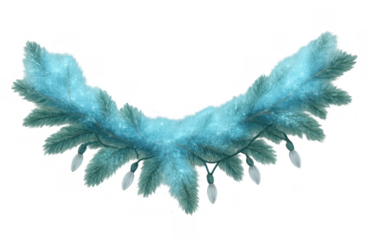 Blue frosted christmas fir garland with glittering snow and festive string lights on transparent background