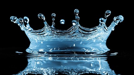 Droplet splash crown crystal clear water formation macro photography high-speed capture black background professional studio lighting symmetrical pattern