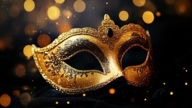 A golden masquerade mask adorned with intricate designs and a jewel, set against a blurred background of warm, glowing lights.