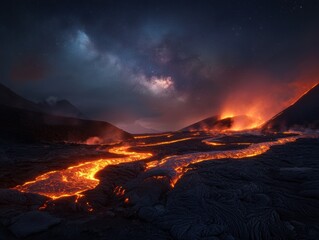 Fototapeta premium Lava flows under a starry night sky create a breathtaking scene of nature's power and beauty