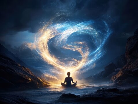 Meditative figure surrounded by swirling light in a mystical landscape at twilight - Powered by Adobe